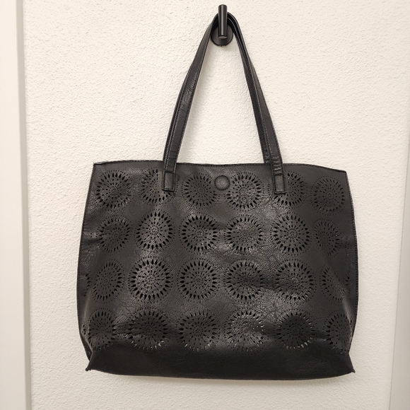 Under One Sky Black Perforated Boho Leather Tote Bag - Picture 1 of 12